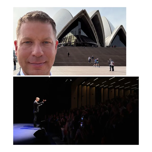 A collage of JT Foxx outside the Sydney Opera House and speaking to its audience
