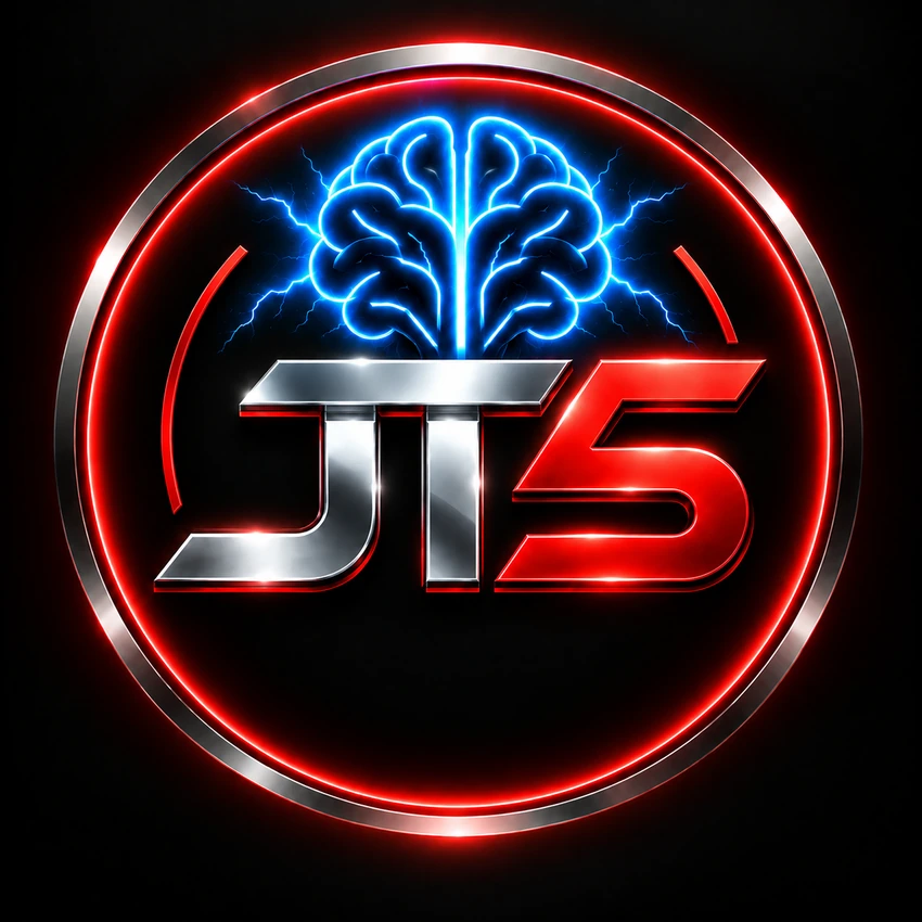 JT5 logo with silver lettering and an electric blue brain